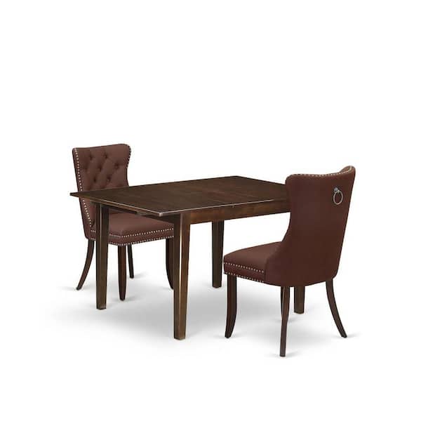 East West Furniture 3-Piece Mahogany Finish Rectangular Solid Wood Top with Butterfly Leaf Dining Table Set