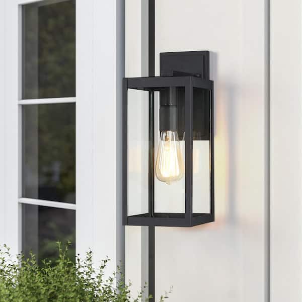 1-Light Black Modern Non Solar Outdoor Wall Lantern Sconce with Clear Glass Panel