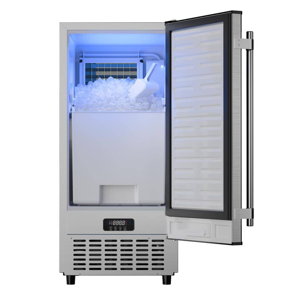 15 in. 100 lb. Built-in Freestanding Full Size Cubes Ice Maker in Stainless Steel w/ Self-Cleaning LCD Control LED Light