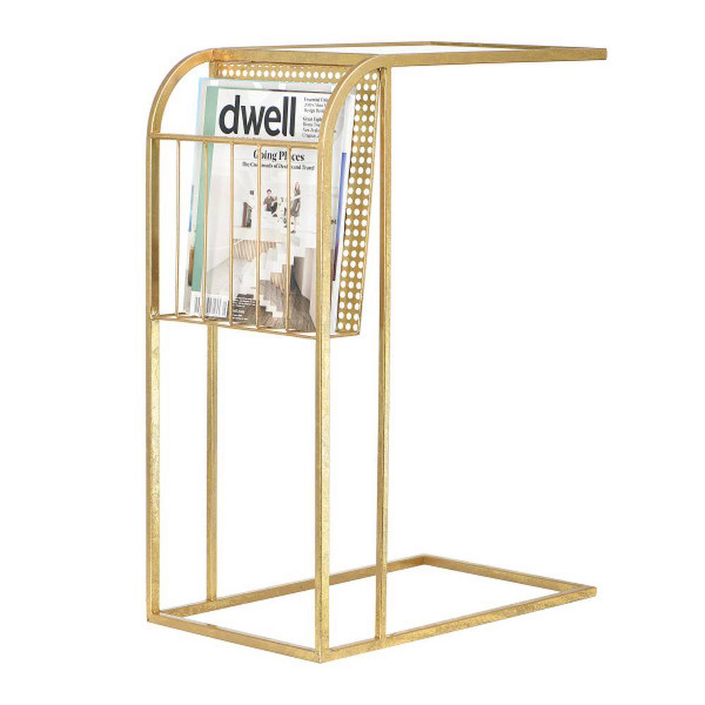 Gold Mirrored Metal Side Table with Magazine Rack, 27.5"