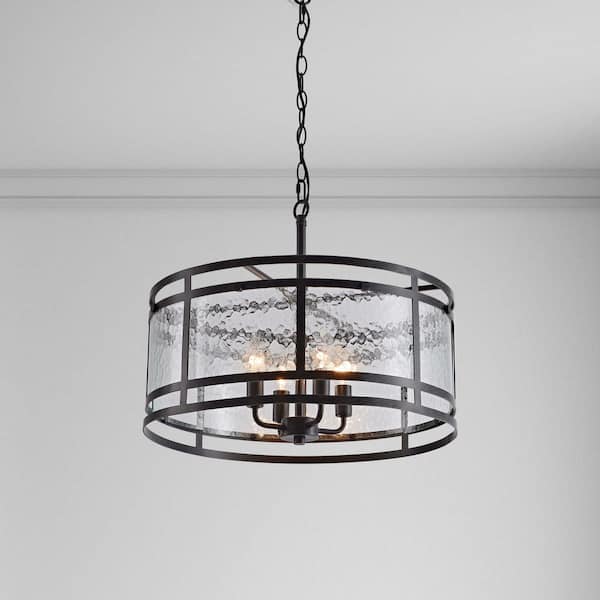 Elvira 20 in. 4-Light Black Water Textured Glass Drum Pendant Chandelier