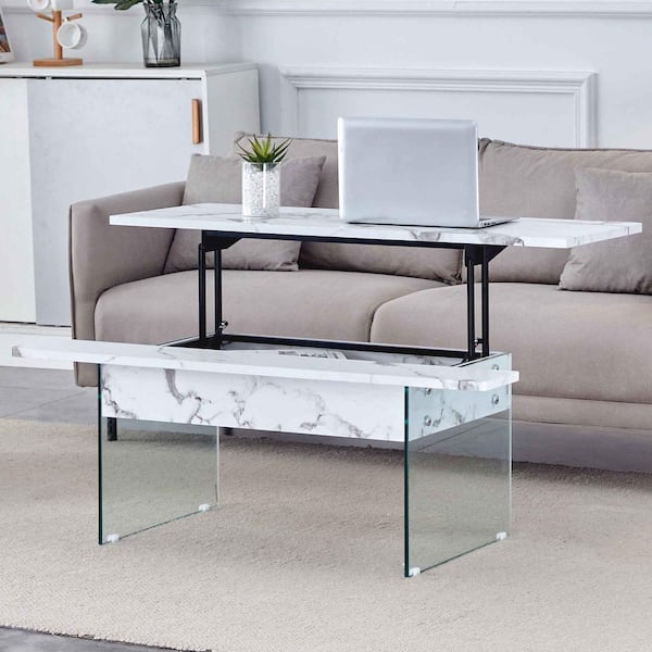 Polibi 43.3 in. Transparent, White Rectangle Glass Coffee Table with Multifunctional Lift Top