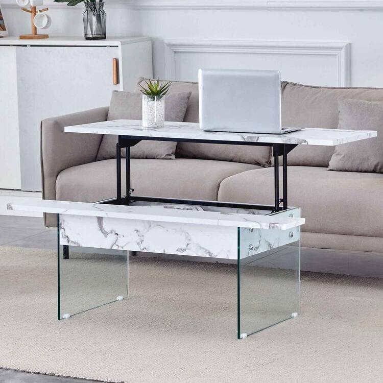 Polibi 43.3 in. Transparent, White Rectangle Glass Coffee Table with Multifunctional Lift Top