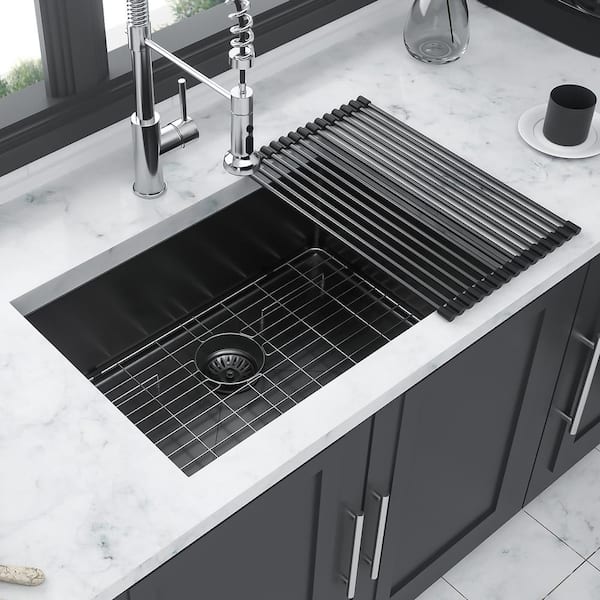 23 in. Undermount Single Bowl 16-Gauge Gunmetal Black Stainless Steel Kitchen Sink with Bottom Grids