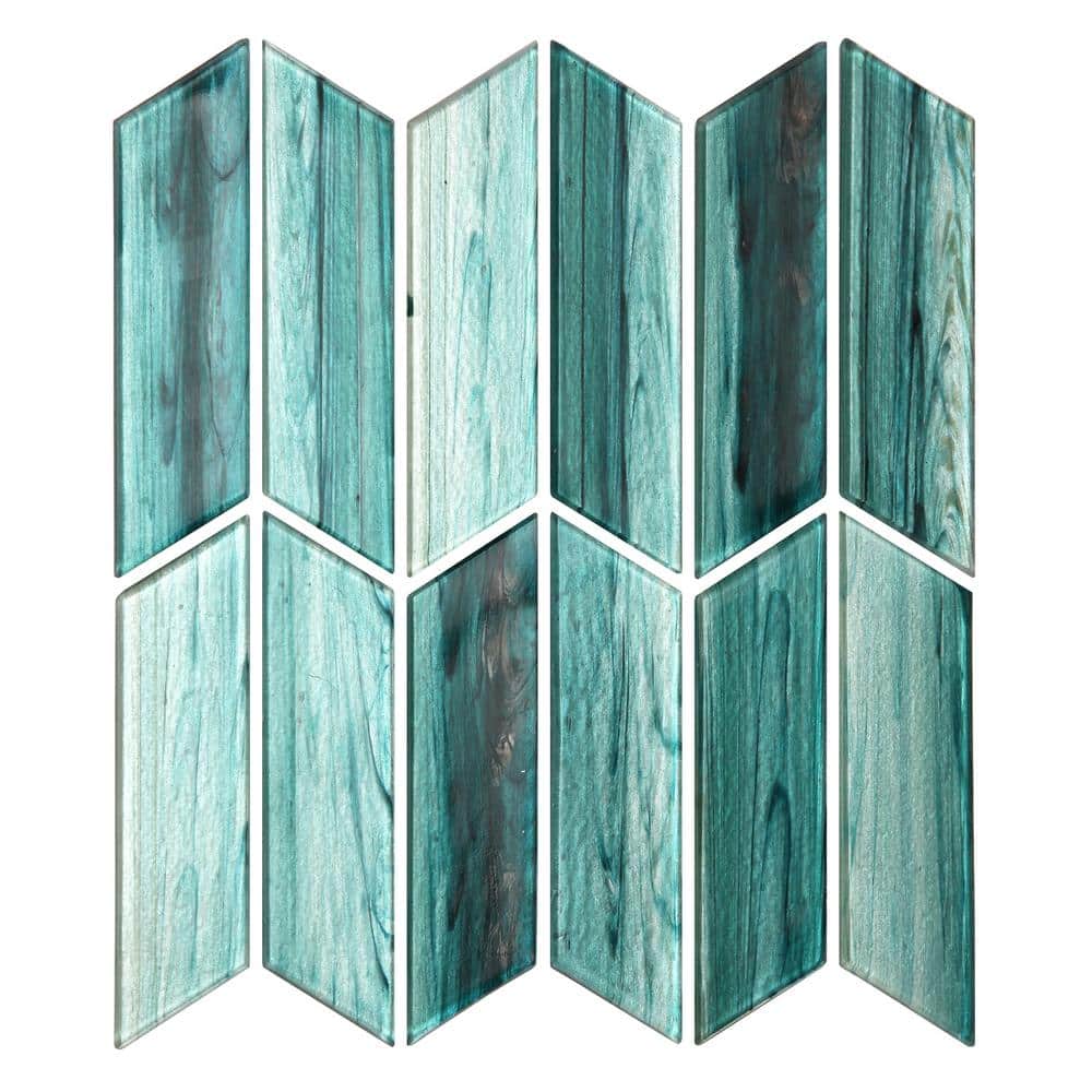 Rivulet Teal Chevron Polished Glass Mosaic Wall Tile