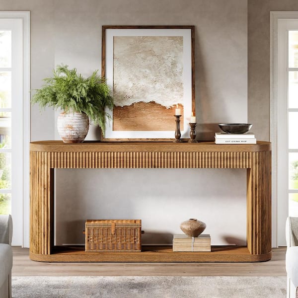Turrella 63 in. Rectangle Brown Wood Farmhouse Behind Sofa Entryway Couch Wall Fluted Console Table 2 Storage Shelves