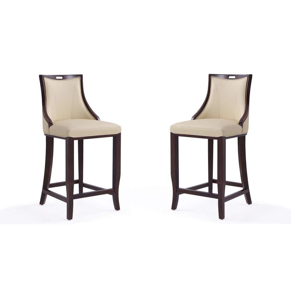 Emperor Cream Faux Leather and Walnut Wood Bar Stools, Set of 2