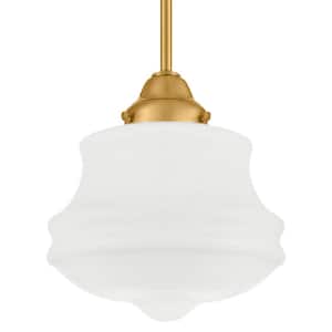 Schoolhouse 10 in. 1-Light Aged Brass Pendant with Opal Glass Schoolhouse Shade