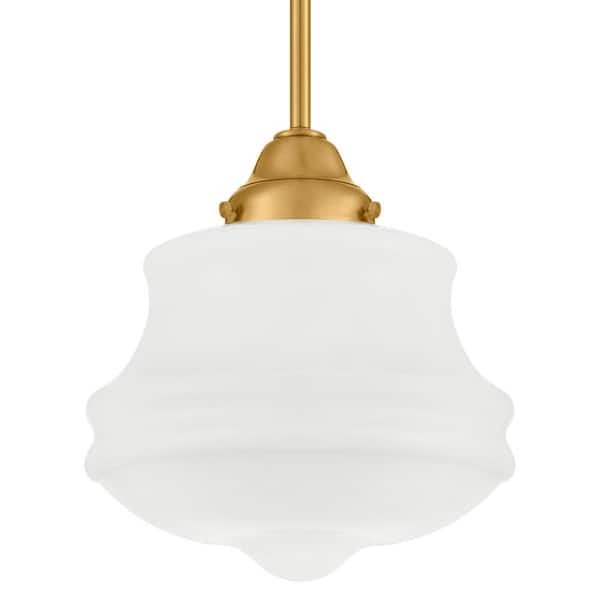 Home Decorators Collection Schoolhouse 10 in. 1-Light Aged Brass Pendant with Opal Glass Schoolhouse Shade