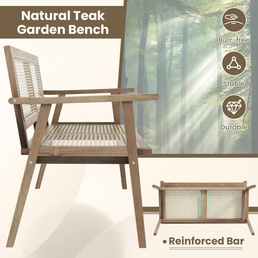 Teak Wood and Natural Rattan Outdoor Bench with Armrests
