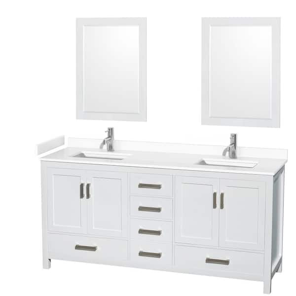 Wyndham Collection Sheffield 72 in. W x 22 in. D x 35 in. H Double Bath Vanity in White with White Cultured Marble Top and 24" Mirrors