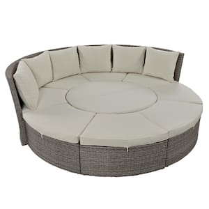 5-Piece Patio PE Wicker Outdoor Round Sunbed Day Bed with Liftable Table and Gray Cushions for Backyard Poolside