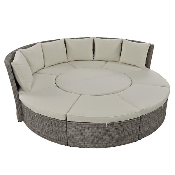 Zeus & Ruta 5-Piece Patio PE Wicker Outdoor Round Sunbed Day Bed with Liftable Table and Gray Cushions for Backyard Poolside