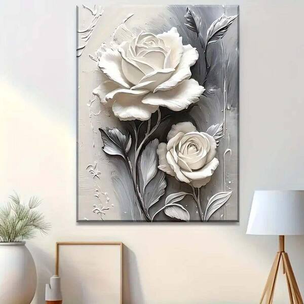 Elegant White Rose Framed Canvas Art, 16 x 12, Modern Black and