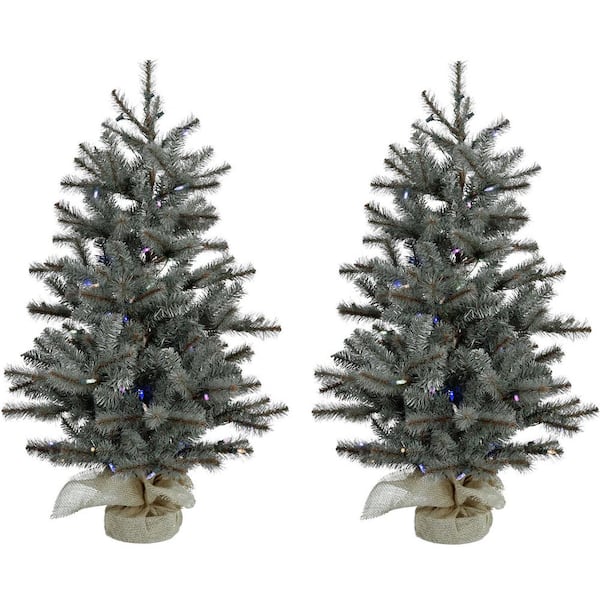 Christmas Time 4 ft. Yardville Pine Artificial Christmas Porch Tree with Rustic Burlap Base and Multi-Color LED Lights (Set of 2)