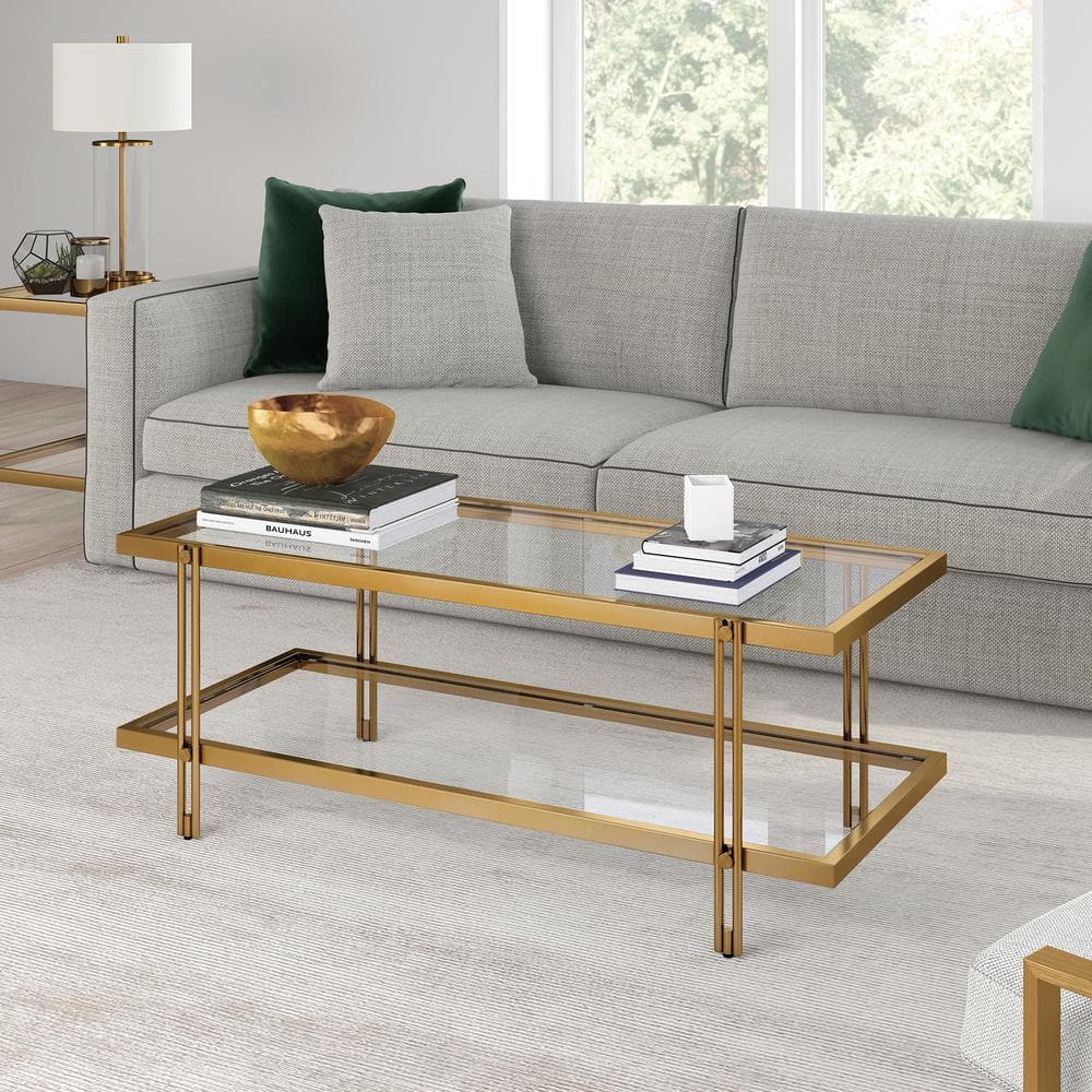 Modern Brass Finish Rectangular Coffee Table with Glass Storage Shelf