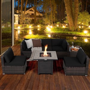 7-Piece Wicker Patio Conversation Set 30 in. Fire Pit Table Cover Rattan Sofa with Black Cushions