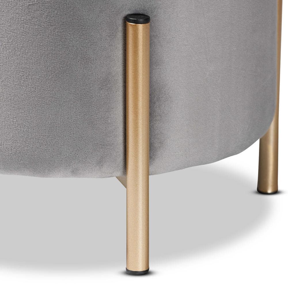 Luxe Grey Velvet and Gold Metal Round Ottoman