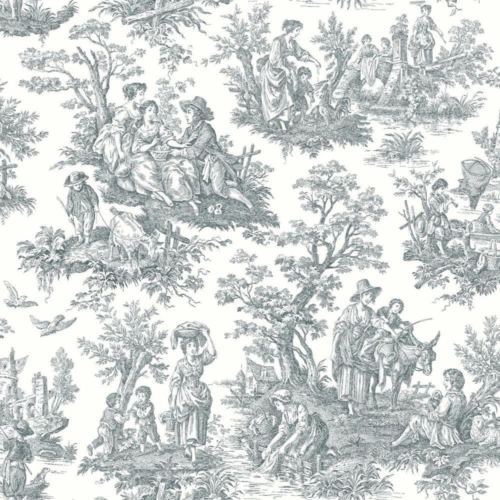 Gray and White Vinyl Country Life Toile Peel and Stick Wallpaper
