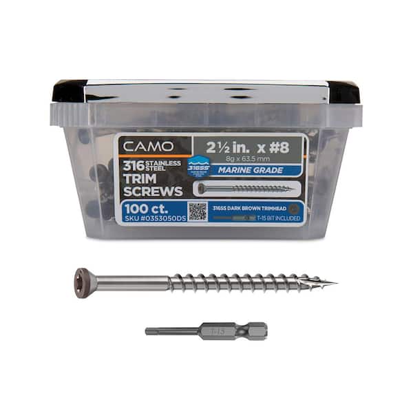 CAMO 2-1/2 in. #8 316 Stainless Steel Dark Brown Premium Star Drive Trim Screws (100-Count)