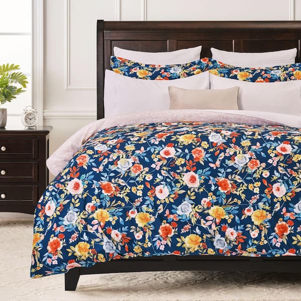 CHANASYA Chanasya 3-Piece Vibrant Rose Garden Print Reversible Microfiber Duvet Cover Set, Queen