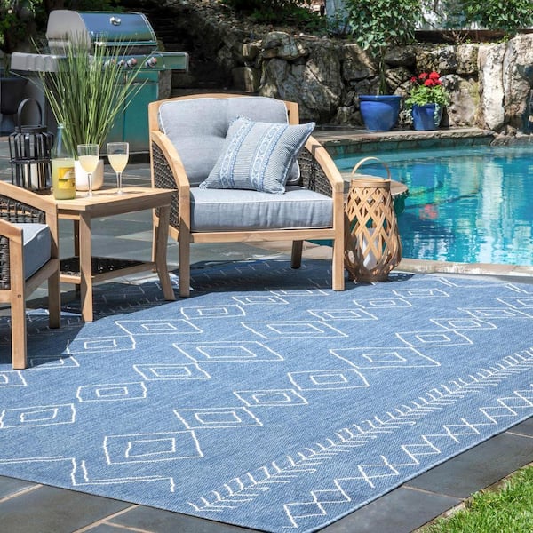 Serna Moroccan Diamonds Blue 7 ft. 6 in. x 10 ft. 9 in. Indoor/Outdoor Patio Area Rug