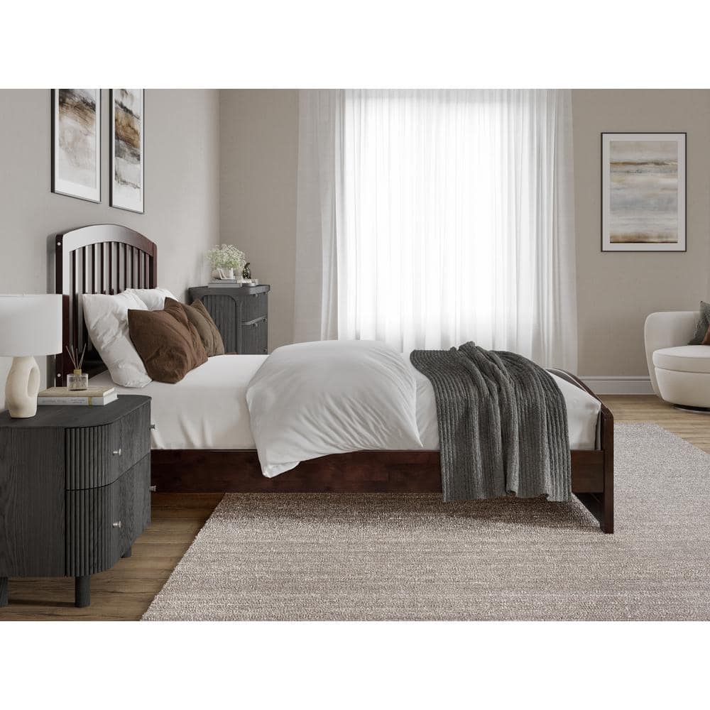 Quincy Walnut Full Solid Wood Low Profile Platform Bed with Slatted Headboard