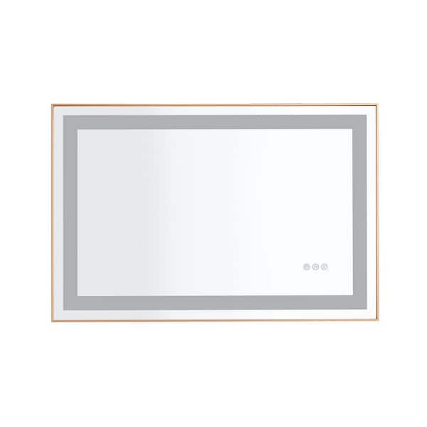 Interbath 36 in. W x 24 in. H Large Rectangular Framed LED Light Anti-Fog Wall Bathroom Vanity Mirror in Gold