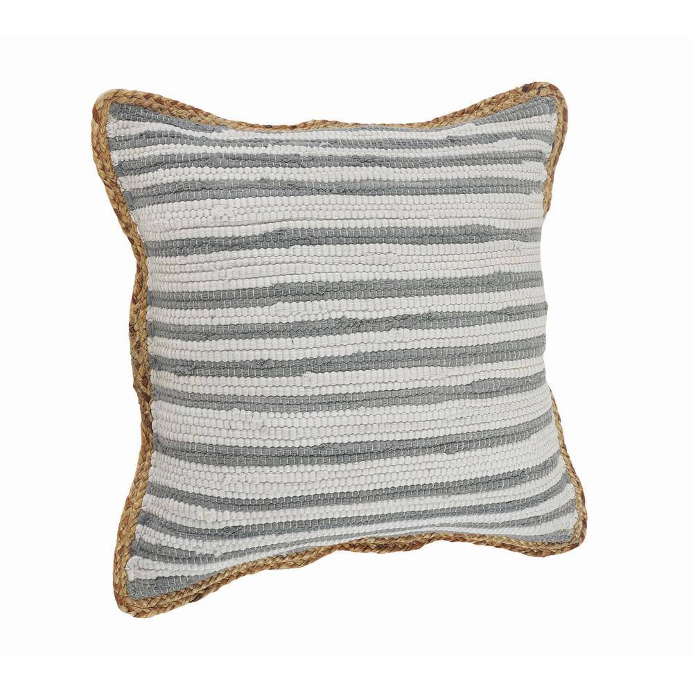 Gray and White Striped Cotton Jute Square Throw Pillow