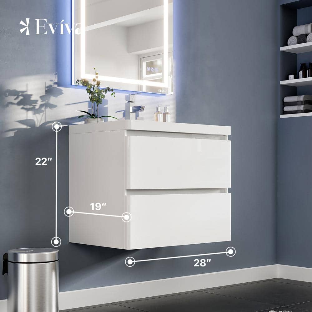 Glossy White 28" Wall Mount Bathroom Vanity with Marble Top