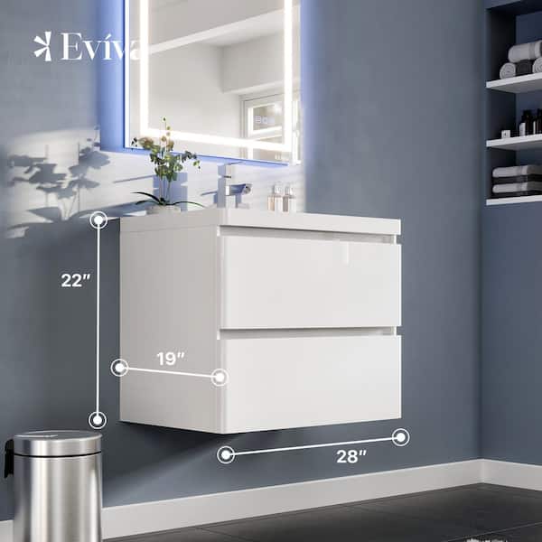 Glazzy 28 in. W x 18.75 in. D x 22 in. H Floating Bathroom Vanity in White with White Acrylic Top with White Sink