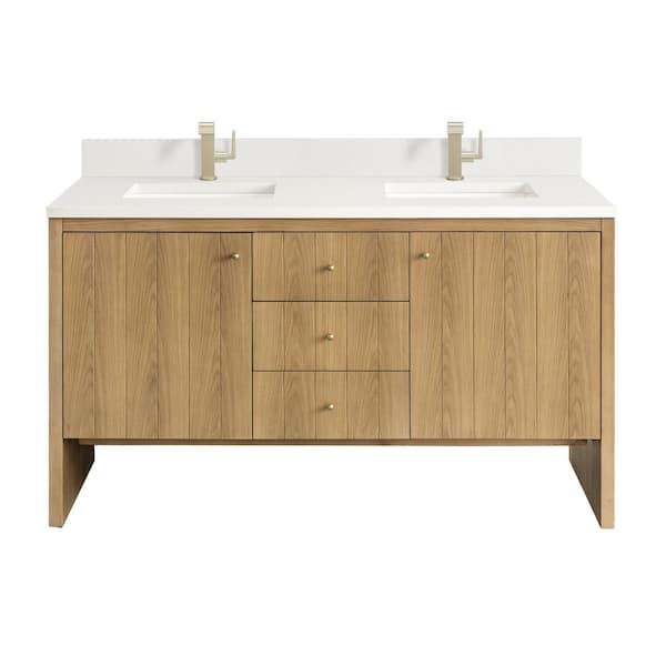 James Martin Vanities Hudson 60.0 in. W x 23.5 in. D x 34.2 in. H Double Bathroom Vanity in Light Natural Oak with White Zeus Quartz Top