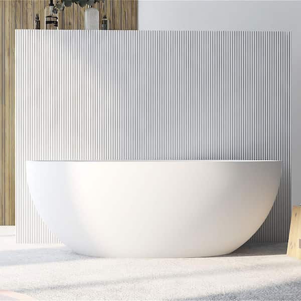 67 in. x 31 in. Oval Freestanding Solid Surface Soaking Bathtub with Center Drain in Matte White
