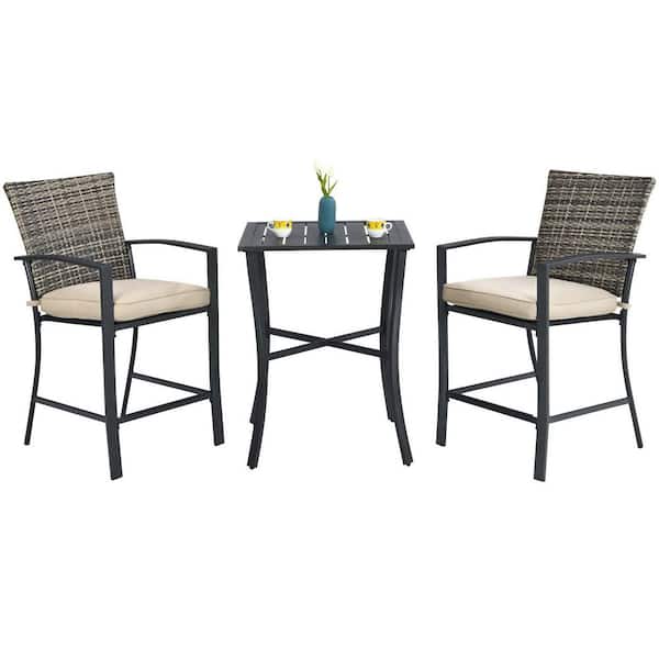 Alpulon 3-Piece Wicker Outdoor Bistro Set with Beige Cushions