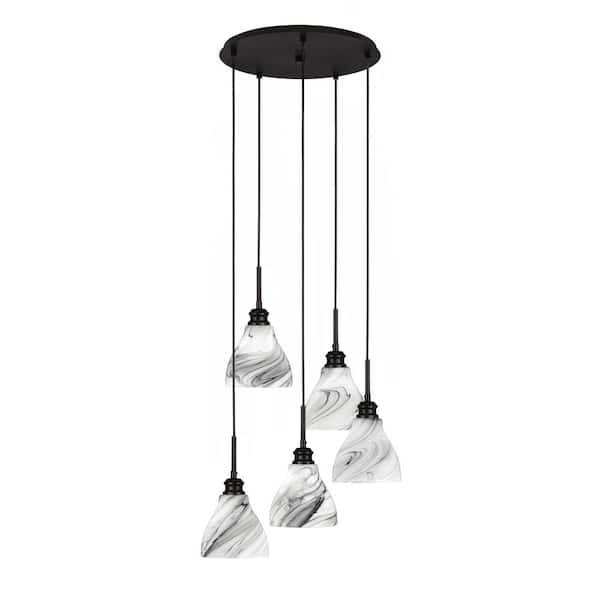 Unbranded Albany 60-Watt 19.5 in. 5-Light Espresso Cord Pendant Light Onyx Swirl Glass Shade No Bulbs included