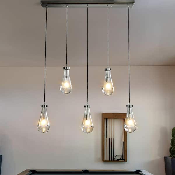 ALOA DECOR 5-Light 39 in. Farmhouse Raindrop Glass Brush Black Nickel Rectangular Linear Chandelier Rustic Teardrop Pendant Light