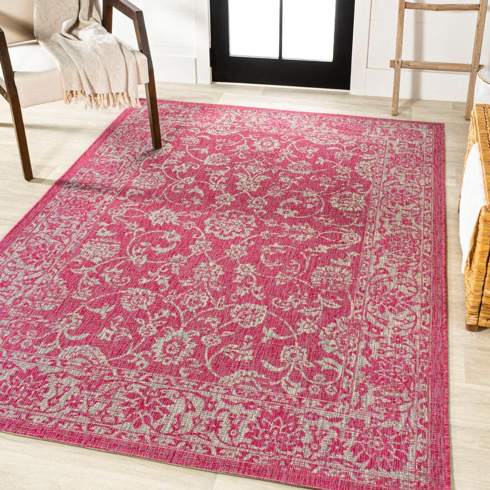 9' x 12' Fuchsia and Light Gray Floral Synthetic Area Rug