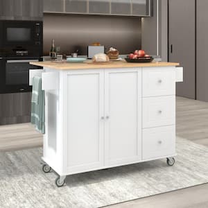 White Rolling Kitchen Island Cart with Rubber Wood Drop-Leaf Countertop (52 in. W)
