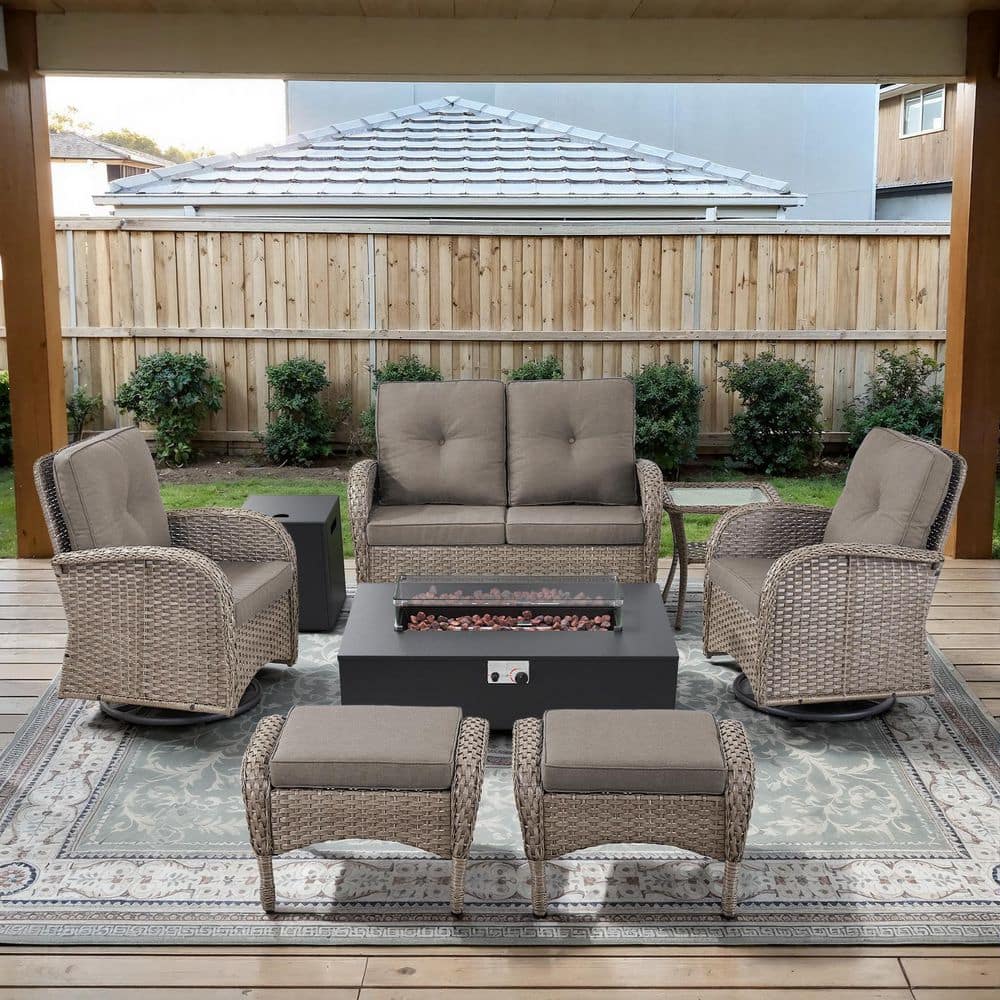 Gray 7-Piece Wicker Patio Fire Pit Set, Loveseat Glider Seating Set with Olefin Gray Cushions and Swivel Gliders price history on PriceWatchPro