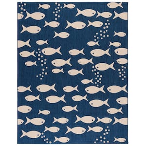Courtyard Navy/Beige 9 ft. x 12 ft. Transitional Multi-Fish Solid Color Indoor/Outdoor Area Rug