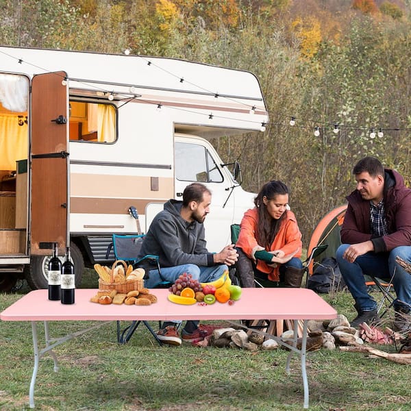 Unbranded 8 ft. Pink Folding Table, Portable Plastic Table for Camping, Picnics, Parties, High Load Bearing Foldable Table