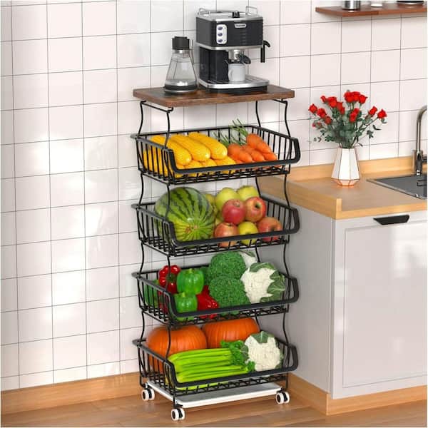5 Tier Fruit Basket for Kitchen Organizers and Storage, Stackable Metal Wire Basket Stand Cart with Wheels