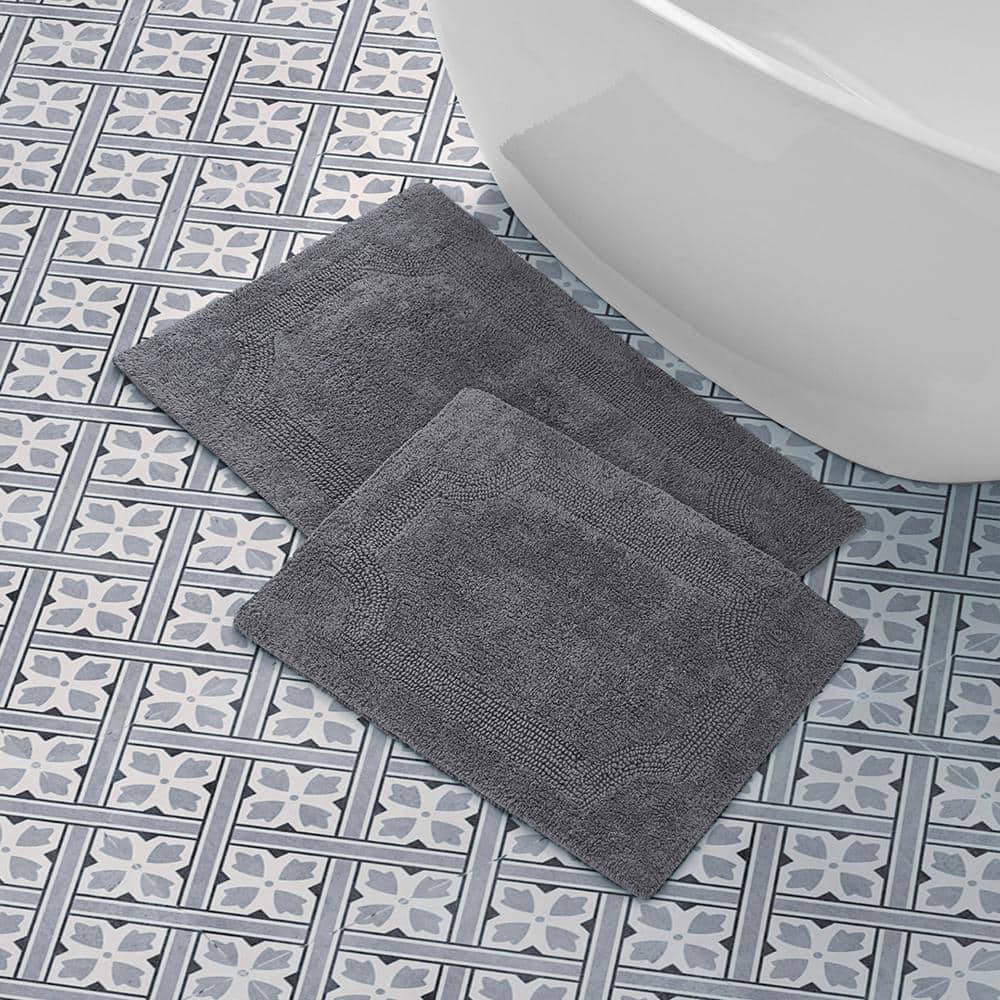 Charcoal Gray Cotton Reversible Bath Rug Set