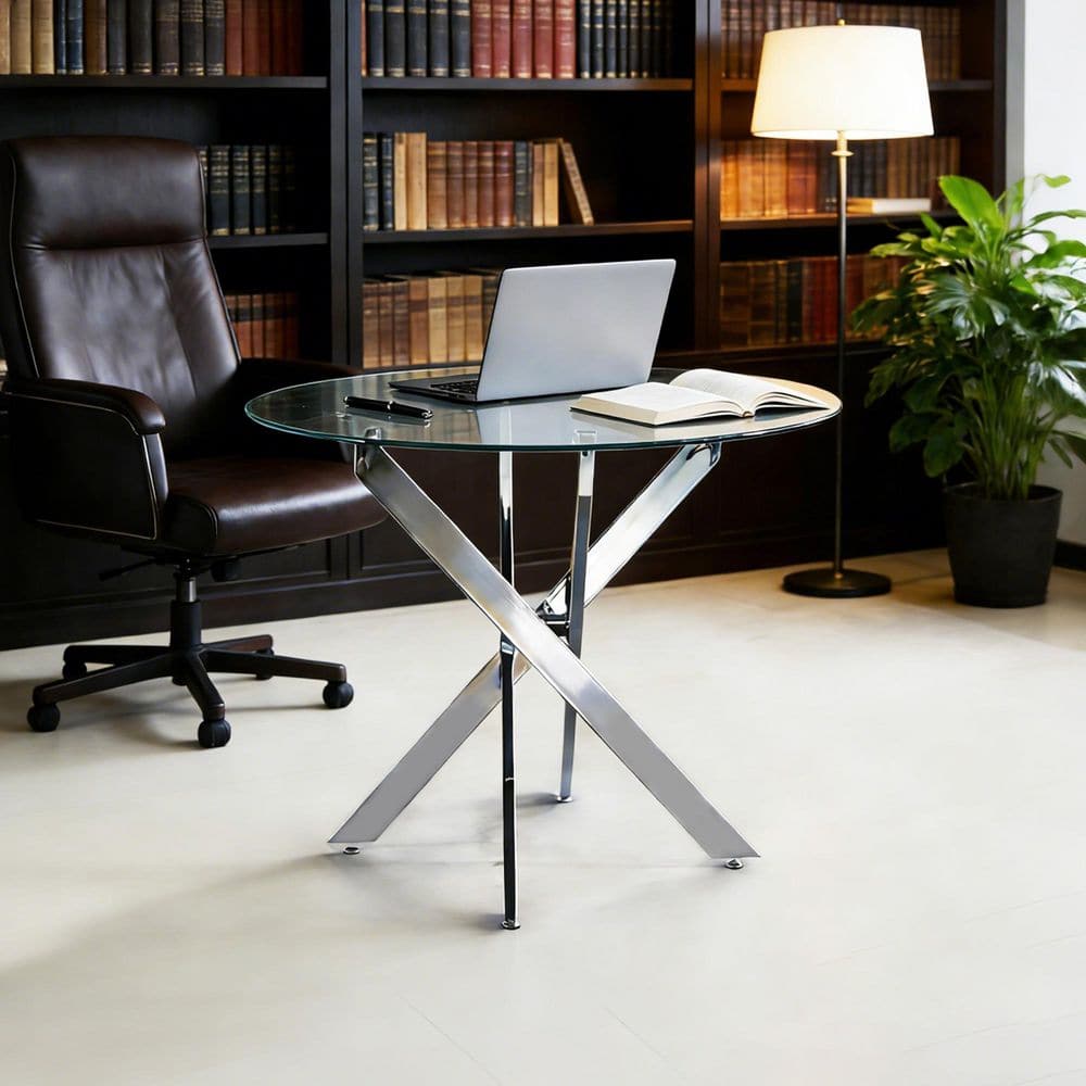Chrome Glass Tabletop 35.43 in. W cross legs Dining Table Seats 4