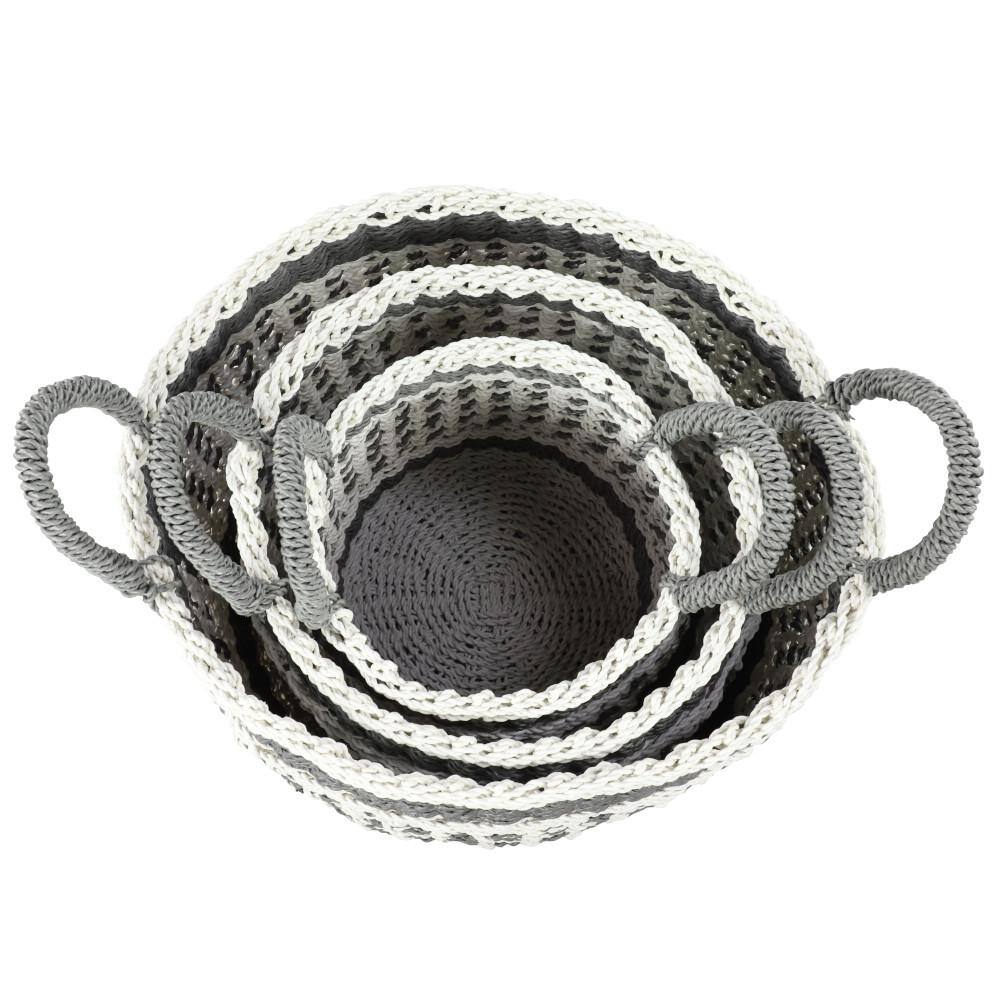 Gray and Beige Round Woven Plastic Storage Baskets, Set of 3