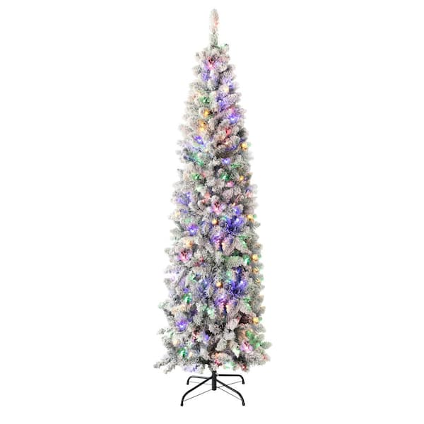 VEIKOUS 6.5 ft. Pre-Lit LED Artificial Christmas Tree Pencil Flocked with Multi-Color Light