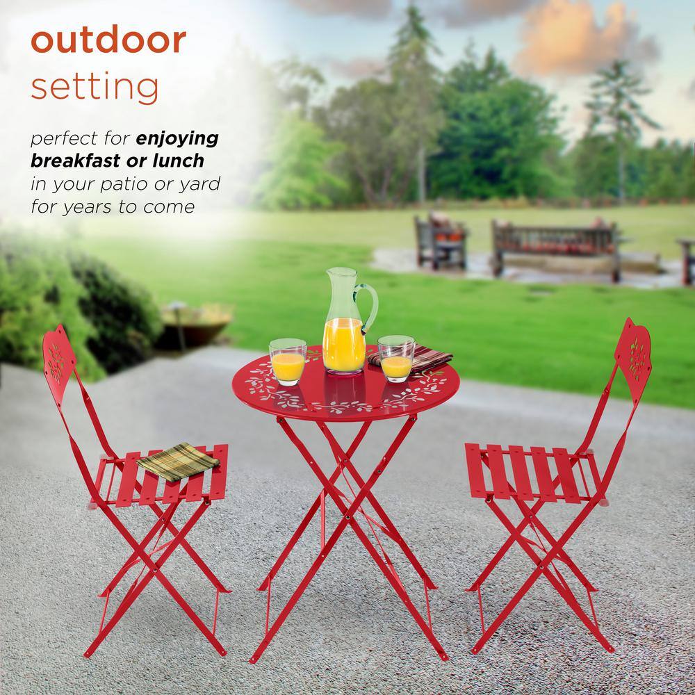 Red Elegance 3-Piece Metal Bistro Set with Intricate Leaf Design