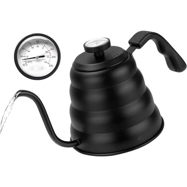 6-Cup Black Gooseneck Pour Over Stainless Steel Stovetop Compatible Tea Kettle Pot with Thermometer 1200ml