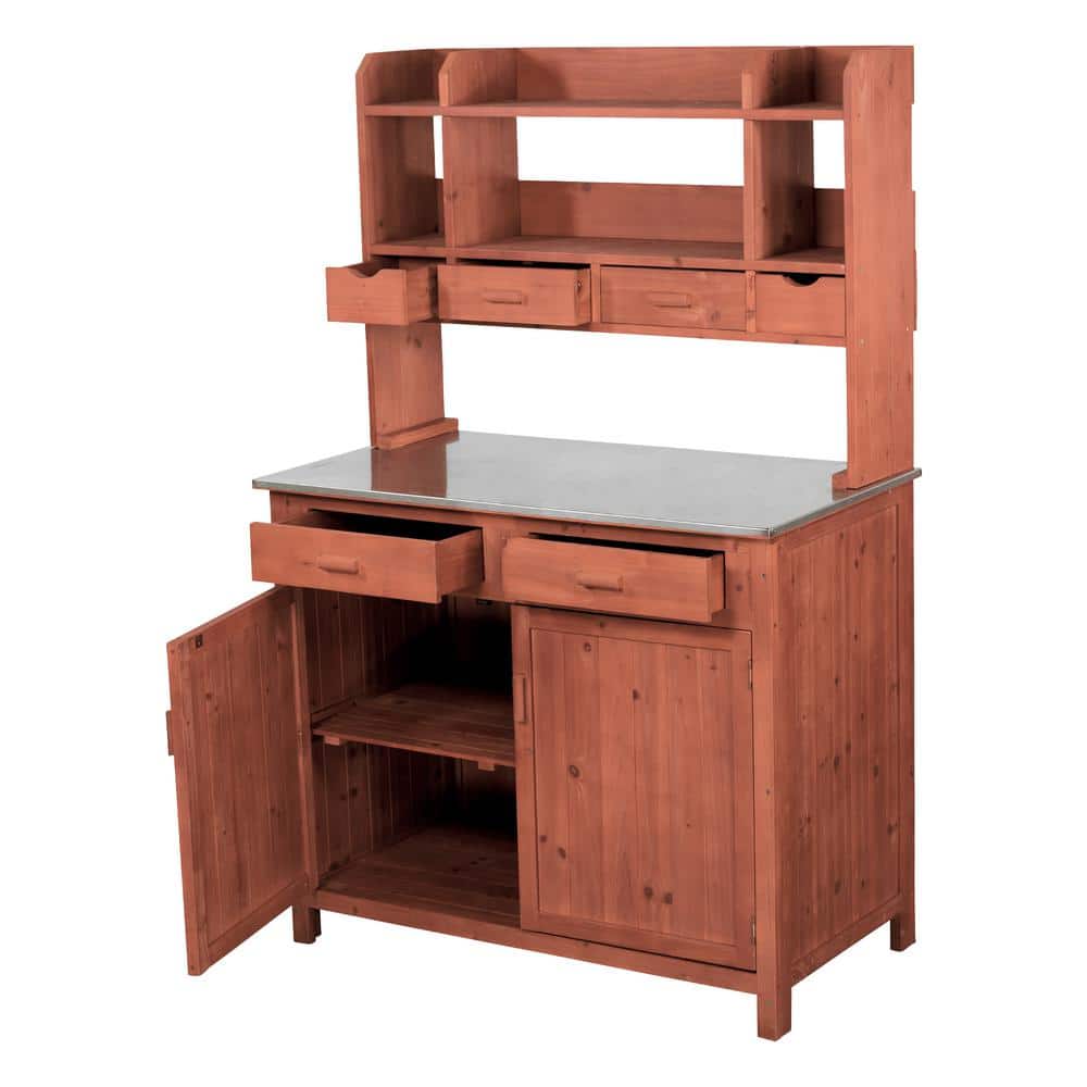 Transitional Solid Wood Outdoor Kitchen Prep Station with Stainless Steel Counter