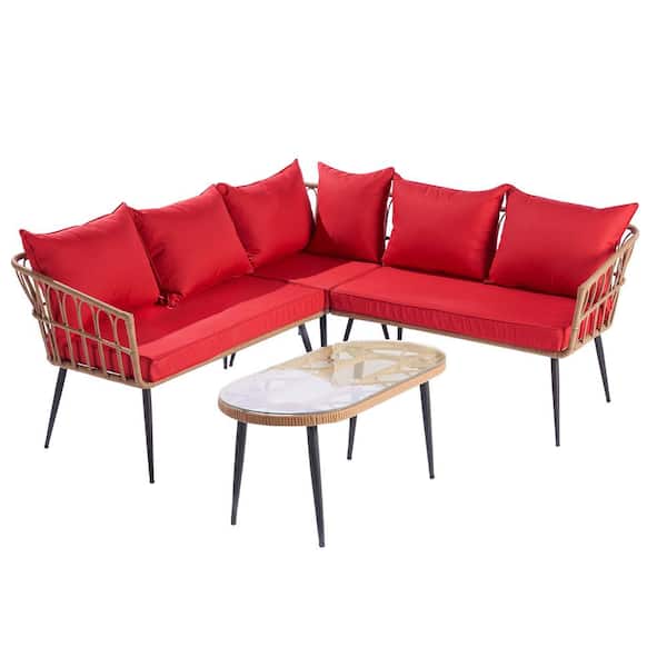 GAWEZA 4-Piece PE Rattan Wicker Outdoor Patio Sectional Seating Set L-Shape Sofa Set with Red Cushions